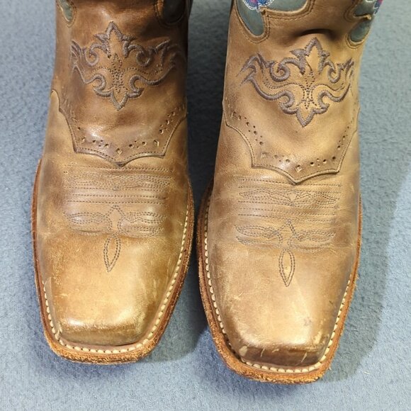 Justin Boots Women's 10B Brown With Green/Pink Uppers Western Heeled L2675 - Picture 10 of 12